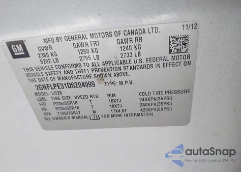 2013 Chevrolet Equinox 2Lt z USA, uszkodzony, nr VIN 2GNFLPE31D6204999